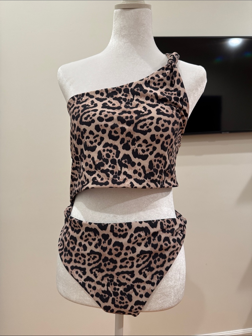 Skatie Leopard One-Shoulder One-Piece - Taupe and Black